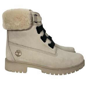 Timberland Jayne Shearling Waterproof Boots Womens 9 Fuzzy Leather Beige Rare